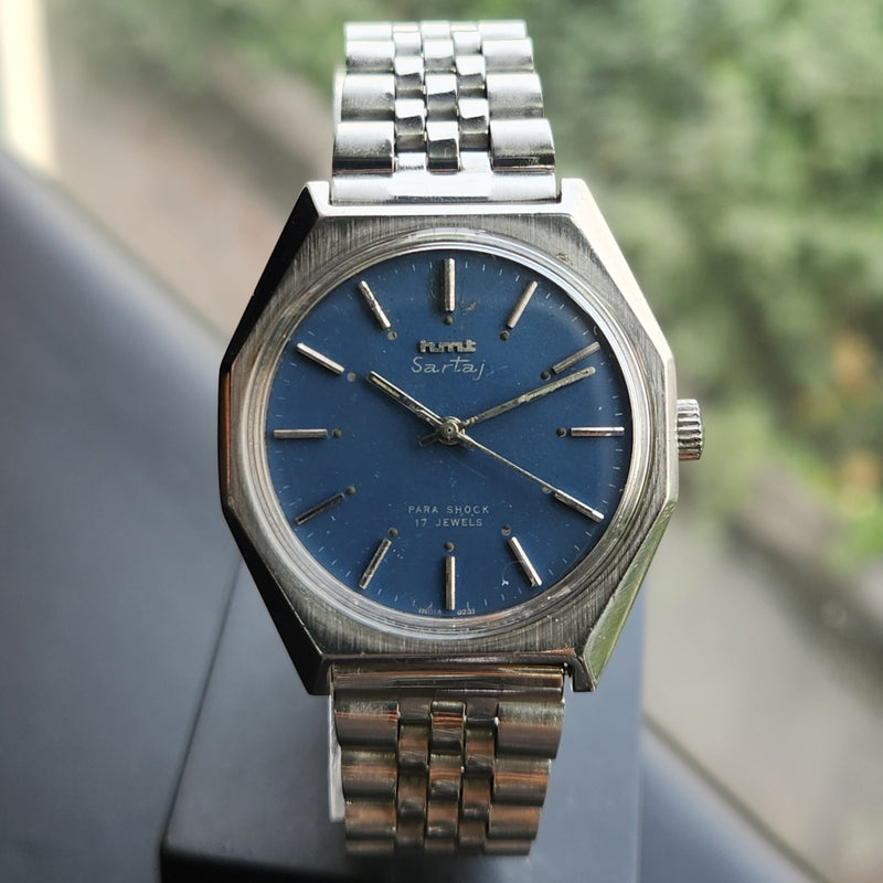 Vintage Original HMT Sartaj Hand Winding 17 Jewels Blue Face Men's Wrist Watch HM171