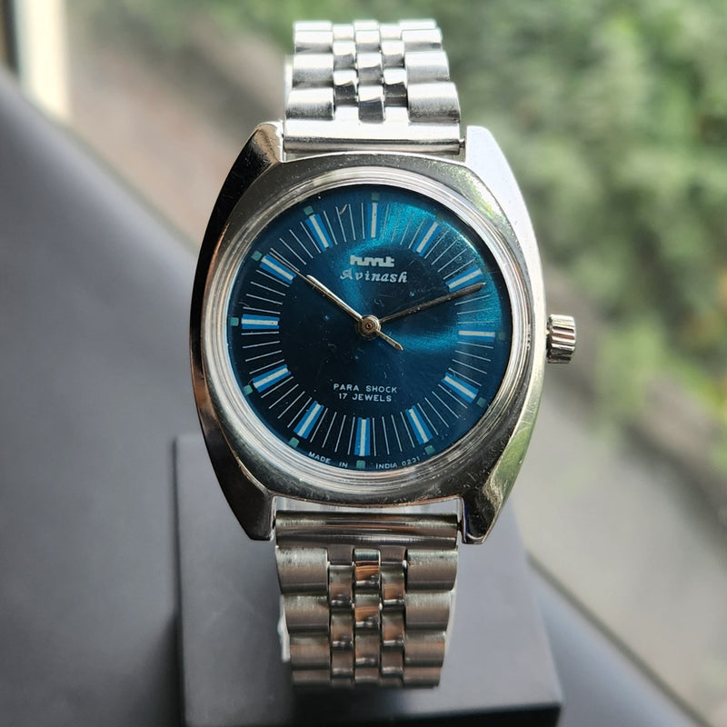 Vintage Original HMT Avinash Hand Winding 17 Jewels Blue Face Men's Wrist Watch HM173
