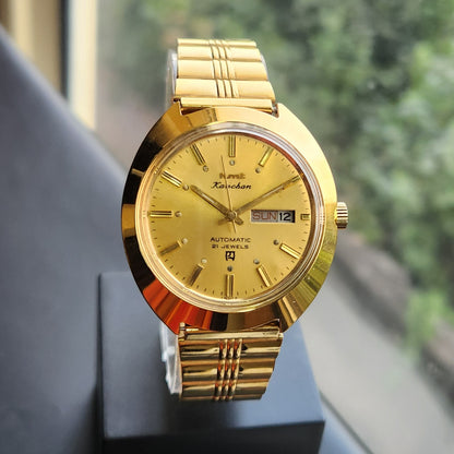 Vintage Mod HMT Kanchan Automatic 21 Jewels Glass back Gold Face Day-Date Men's Wrist Watch HK01