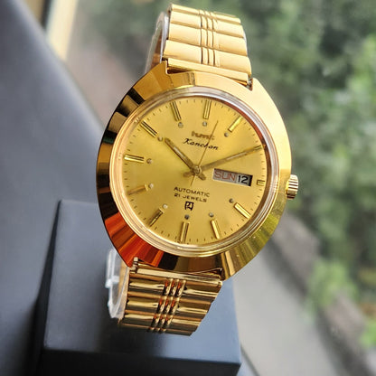 Vintage Mod HMT Kanchan Automatic 21 Jewels Glass back Gold Face Day-Date Men's Wrist Watch HK01
