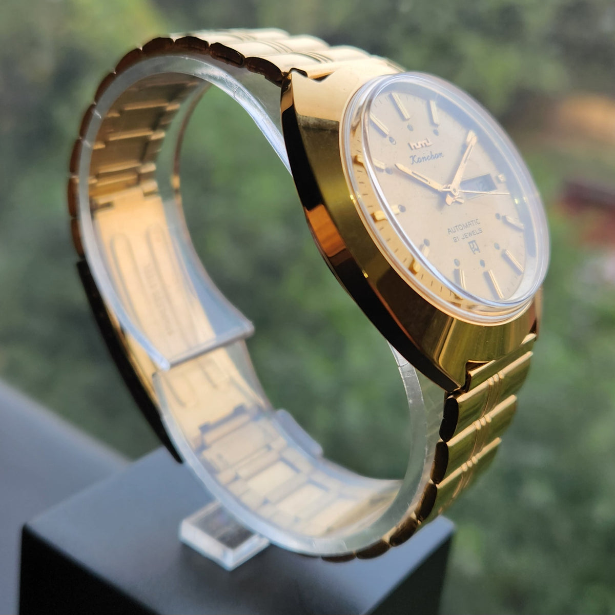 Vintage Mod HMT Kanchan Automatic 21 Jewels Glass back Gold Face Day-Date Men's Wrist Watch HK01