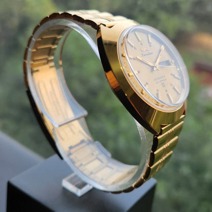 Vintage Mod HMT Kanchan Automatic 21 Jewels Glass back Gold Face Day-Date Men's Wrist Watch HK01