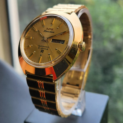 Vintage Mod HMT Kanchan Automatic 21 Jewels Glass back Gold Face Day-Date Men's Wrist Watch HK01