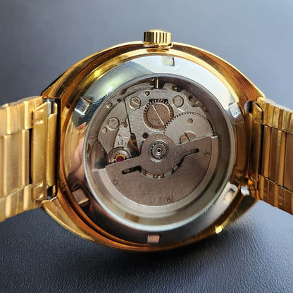 Vintage Mod HMT Kanchan Automatic 21 Jewels Glass back Gold Face Day-Date Men's Wrist Watch HK01
