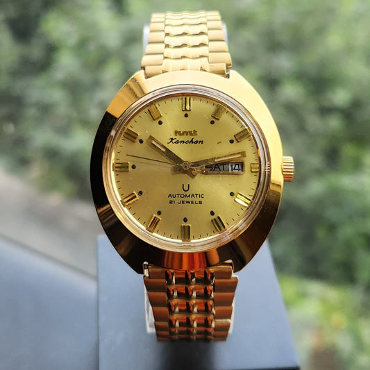 Vintage Mod HMT Kanchan Automatic 21 Jewels Glass back Gold Face Day-Date Men's Wrist Watch HK02