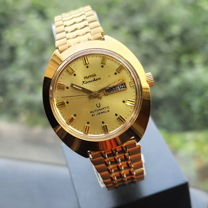 Vintage Mod HMT Kanchan Automatic 21 Jewels Glass back Gold Face Day-Date Men's Wrist Watch HK02