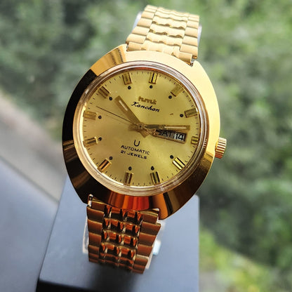 Vintage Mod HMT Kanchan Automatic 21 Jewels Glass back Gold Face Day-Date Men's Wrist Watch HK02
