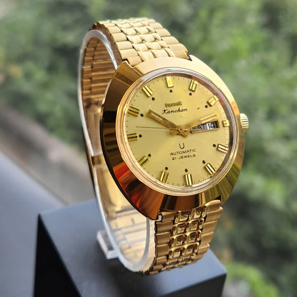 Vintage Mod HMT Kanchan Automatic 21 Jewels Glass back Gold Face Day-Date Men's Wrist Watch HK02