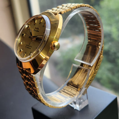 Vintage Mod HMT Kanchan Automatic 21 Jewels Glass back Gold Face Day-Date Men's Wrist Watch HK02