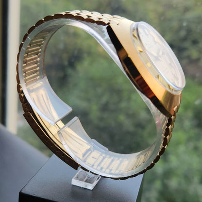 Vintage Mod HMT Kanchan Automatic 21 Jewels Glass back Gold Face Day-Date Men's Wrist Watch HK02