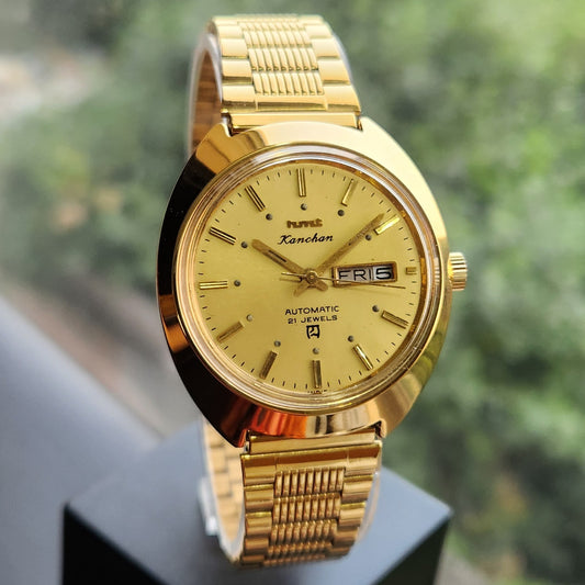 Vintage Mod HMT Kanchan Automatic 21 Jewels Glass back Gold Face Day-Date Men's Wrist Watch HK03