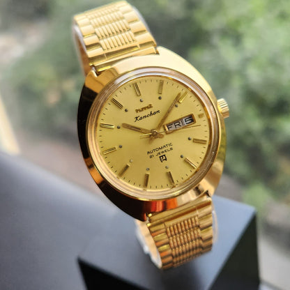 Vintage Mod HMT Kanchan Automatic 21 Jewels Glass back Gold Face Day-Date Men's Wrist Watch HK03