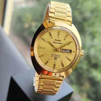 Vintage Mod HMT Kanchan Automatic 21 Jewels Glass back Gold Face Day-Date Men's Wrist Watch HK03
