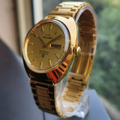 Vintage Mod HMT Kanchan Automatic 21 Jewels Glass back Gold Face Day-Date Men's Wrist Watch HK03