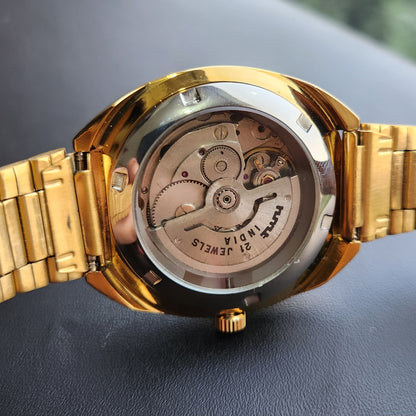 Vintage Mod HMT Kanchan Automatic 21 Jewels Glass back Gold Face Day-Date Men's Wrist Watch HK03