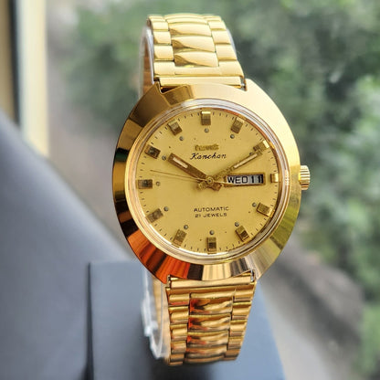 Vintage Mod HMT Kanchan Automatic 21 Jewels Glass back Gold Face Day-Date Men's Wrist Watch HK04