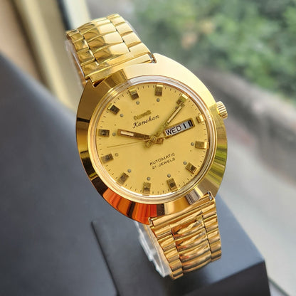 Vintage Mod HMT Kanchan Automatic 21 Jewels Glass back Gold Face Day-Date Men's Wrist Watch HK04