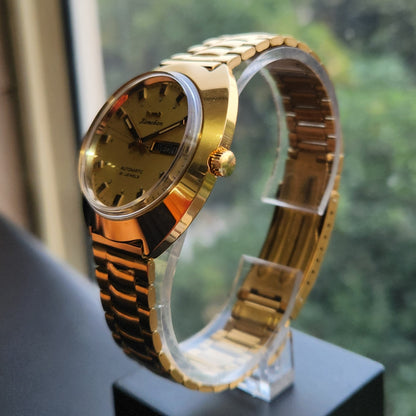 Vintage Mod HMT Kanchan Automatic 21 Jewels Glass back Gold Face Day-Date Men's Wrist Watch HK04