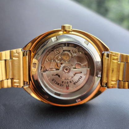Vintage Mod HMT Kanchan Automatic 21 Jewels Glass back Gold Face Day-Date Men's Wrist Watch HK04