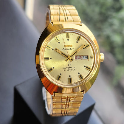 Vintage Mod HMT Kanchan Automatic 21 Jewels Glass back Gold Face Day-Date Men's Wrist Watch HK05