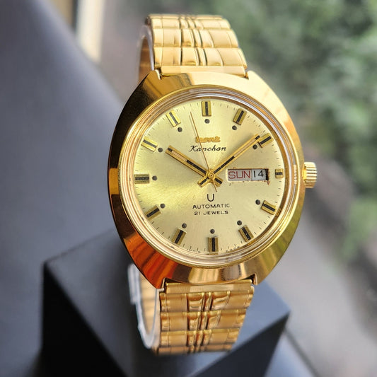 Vintage Mod HMT Kanchan Automatic 21 Jewels Glass back Gold Face Day-Date Men's Wrist Watch HK05