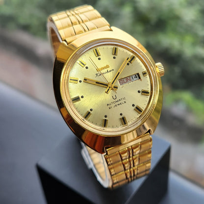 Vintage Mod HMT Kanchan Automatic 21 Jewels Glass back Gold Face Day-Date Men's Wrist Watch HK05