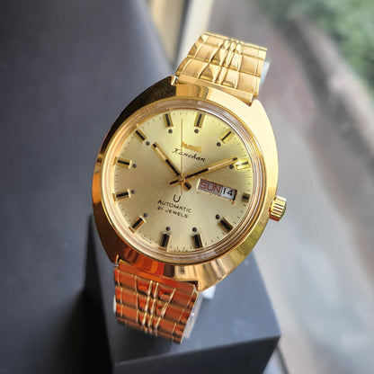 Vintage Mod HMT Kanchan Automatic 21 Jewels Glass back Gold Face Day-Date Men's Wrist Watch HK05