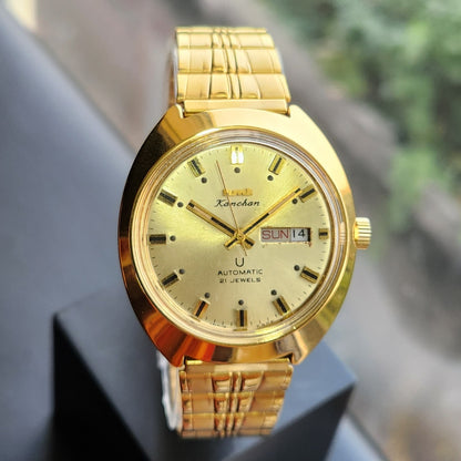 Vintage Mod HMT Kanchan Automatic 21 Jewels Glass back Gold Face Day-Date Men's Wrist Watch HK05