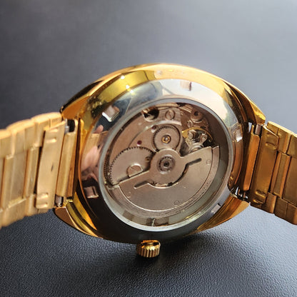 Vintage Mod HMT Kanchan Automatic 21 Jewels Glass back Gold Face Day-Date Men's Wrist Watch HK05