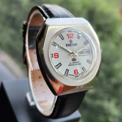 Vintage Ricoh R31 Automatic White Face New Strap 21 Jewels Day-Date Men's Wrist Watch R117