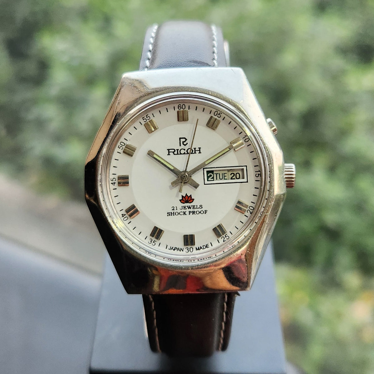 Vintage Ricoh R31 Automatic White Face New Strap 21 Jewels Day-Date Men's Wrist Watch R118
