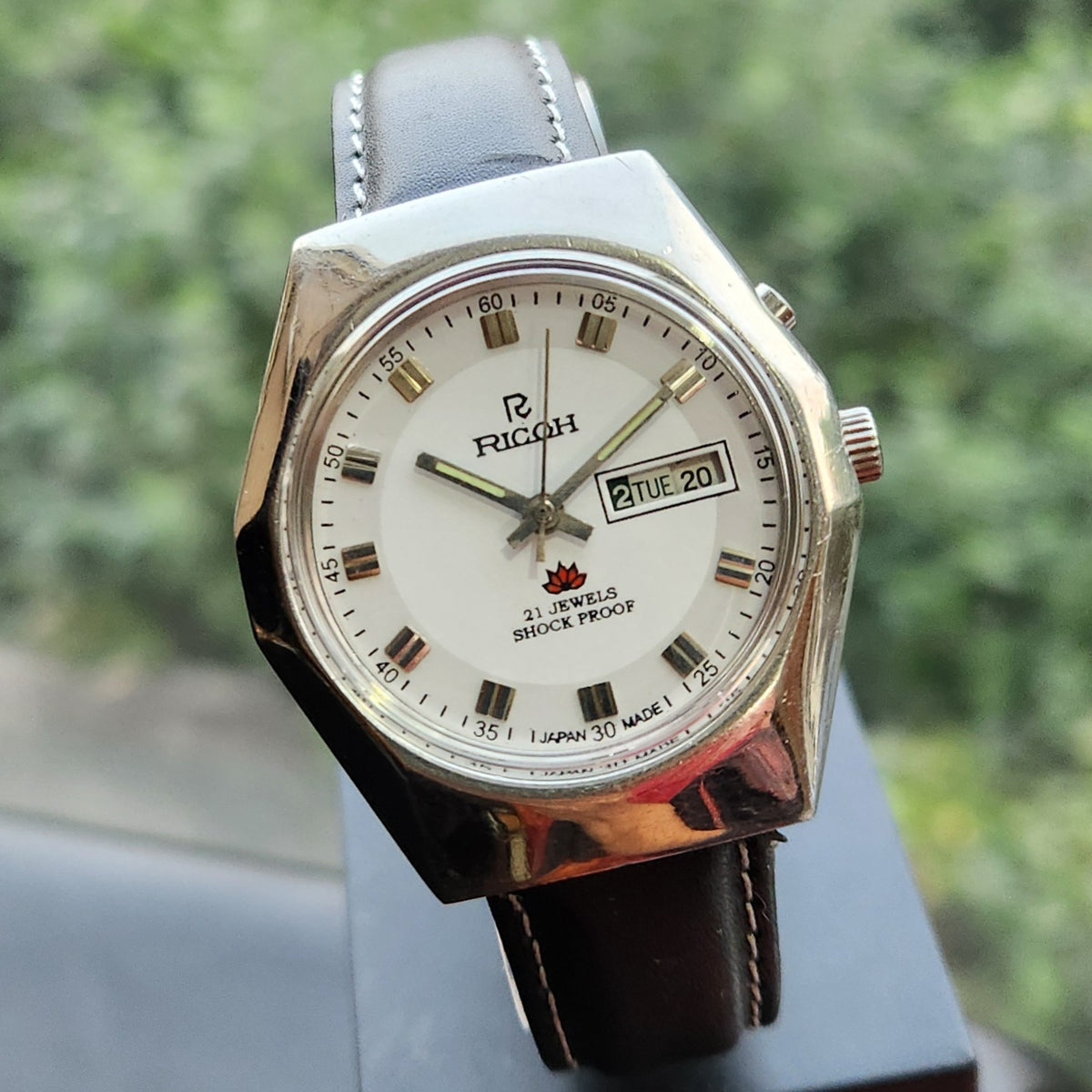 Vintage Ricoh R31 Automatic White Face New Strap 21 Jewels Day-Date Men's Wrist Watch R118