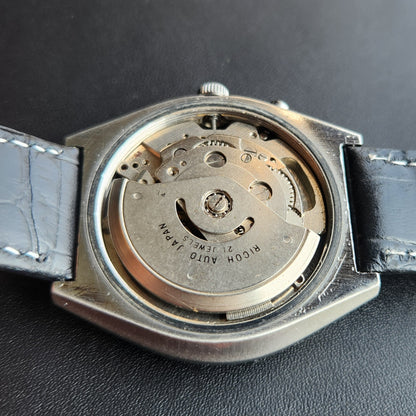 Vintage Ricoh R31 Automatic Black Face New Strap 21 Jewels Day-Date Men's Wrist Watch R119