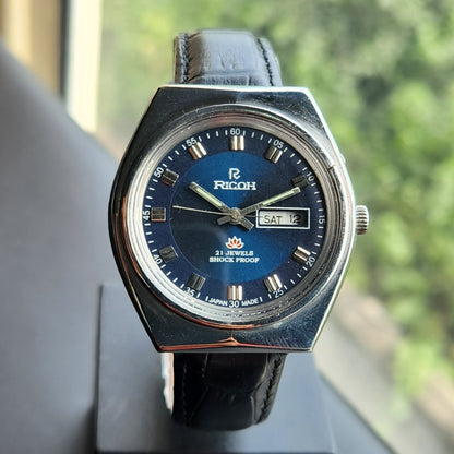 Vintage Ricoh R31 Automatic Blue Face New Strap 21 Jewels Day-Date Men's Wrist Watch R122
