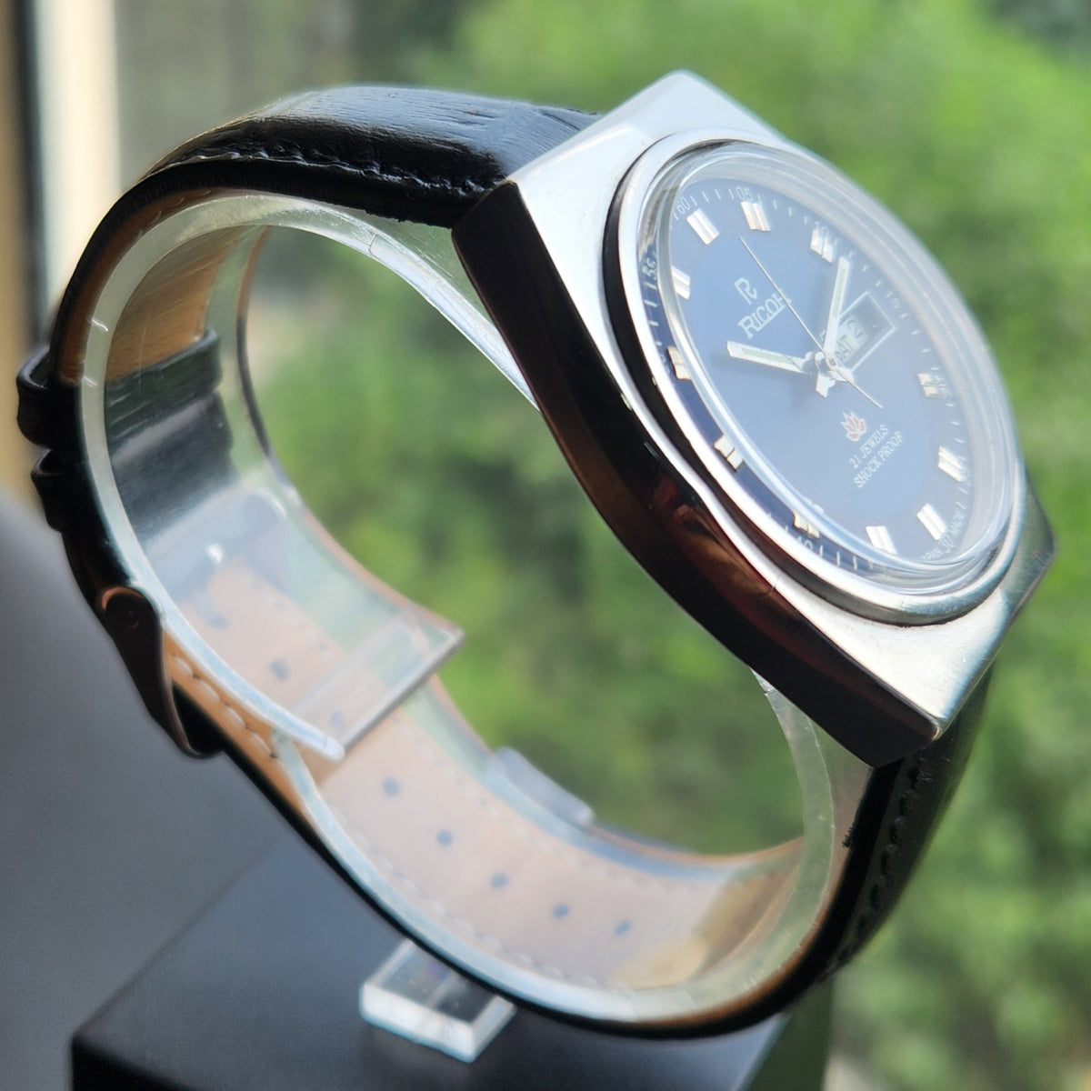 Vintage Ricoh R31 Automatic Blue Face New Strap 21 Jewels Day-Date Men's Wrist Watch R122