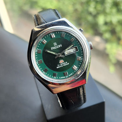 Vintage Ricoh R31 Automatic Green Face New Strap 21 Jewels Day-Date Men's Wrist Watch R124
