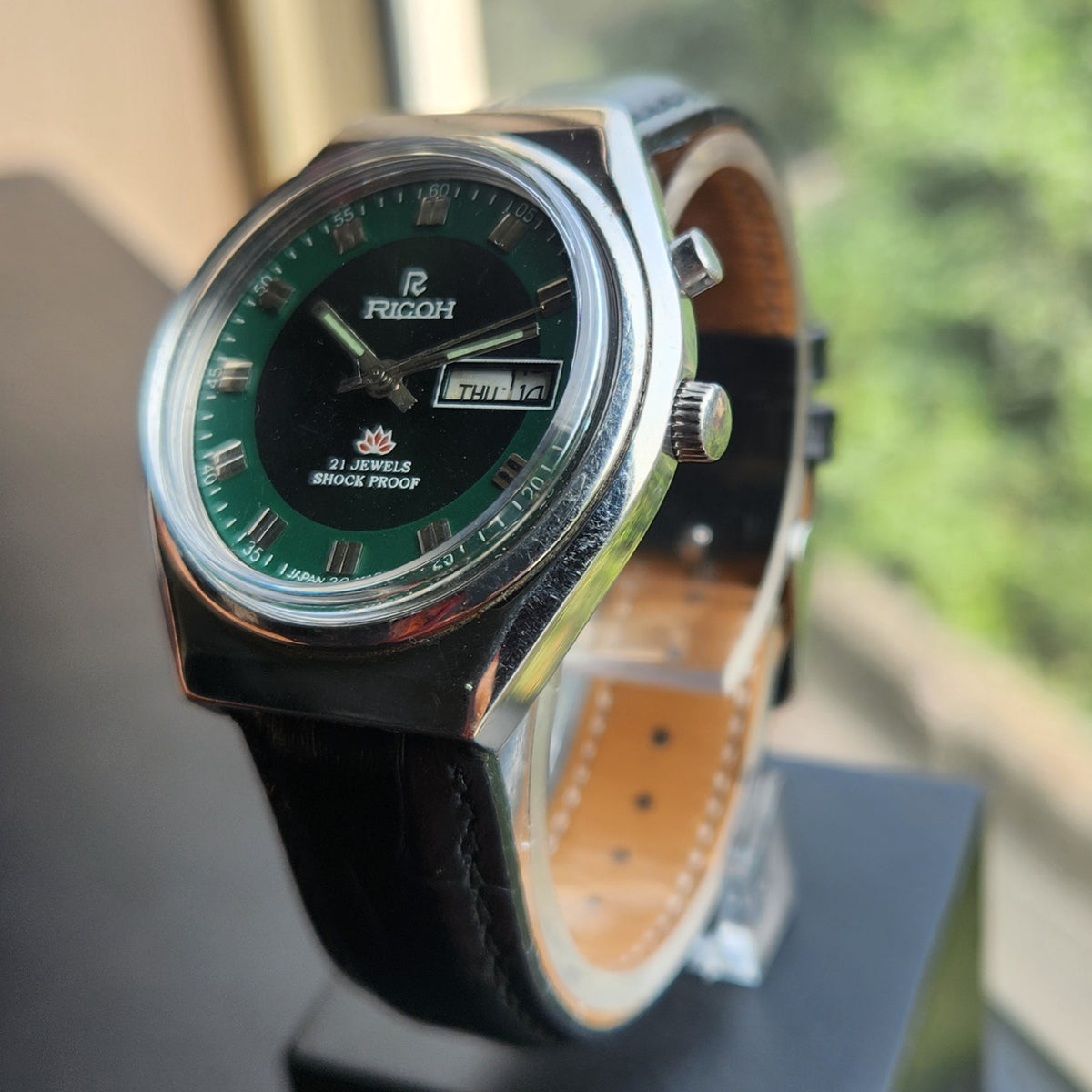 Vintage Ricoh R31 Automatic Green Face New Strap 21 Jewels Day-Date Men's Wrist Watch R124