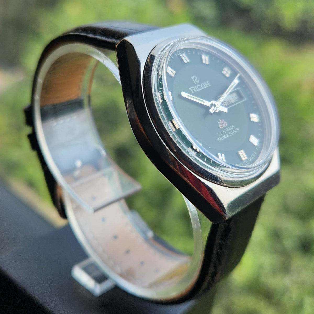 Vintage Ricoh R31 Automatic Green Face New Strap 21 Jewels Day-Date Men's Wrist Watch R124