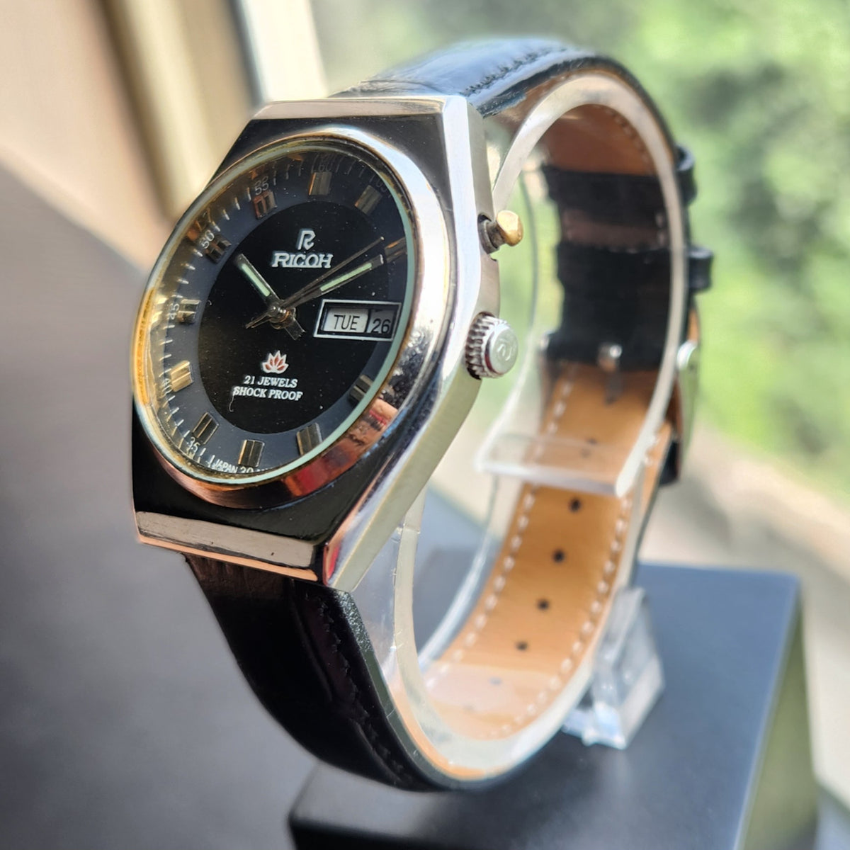 Vintage Ricoh R31 Automatic Black Face New Strap 21 Jewels Day-Date Men's Wrist Watch R126