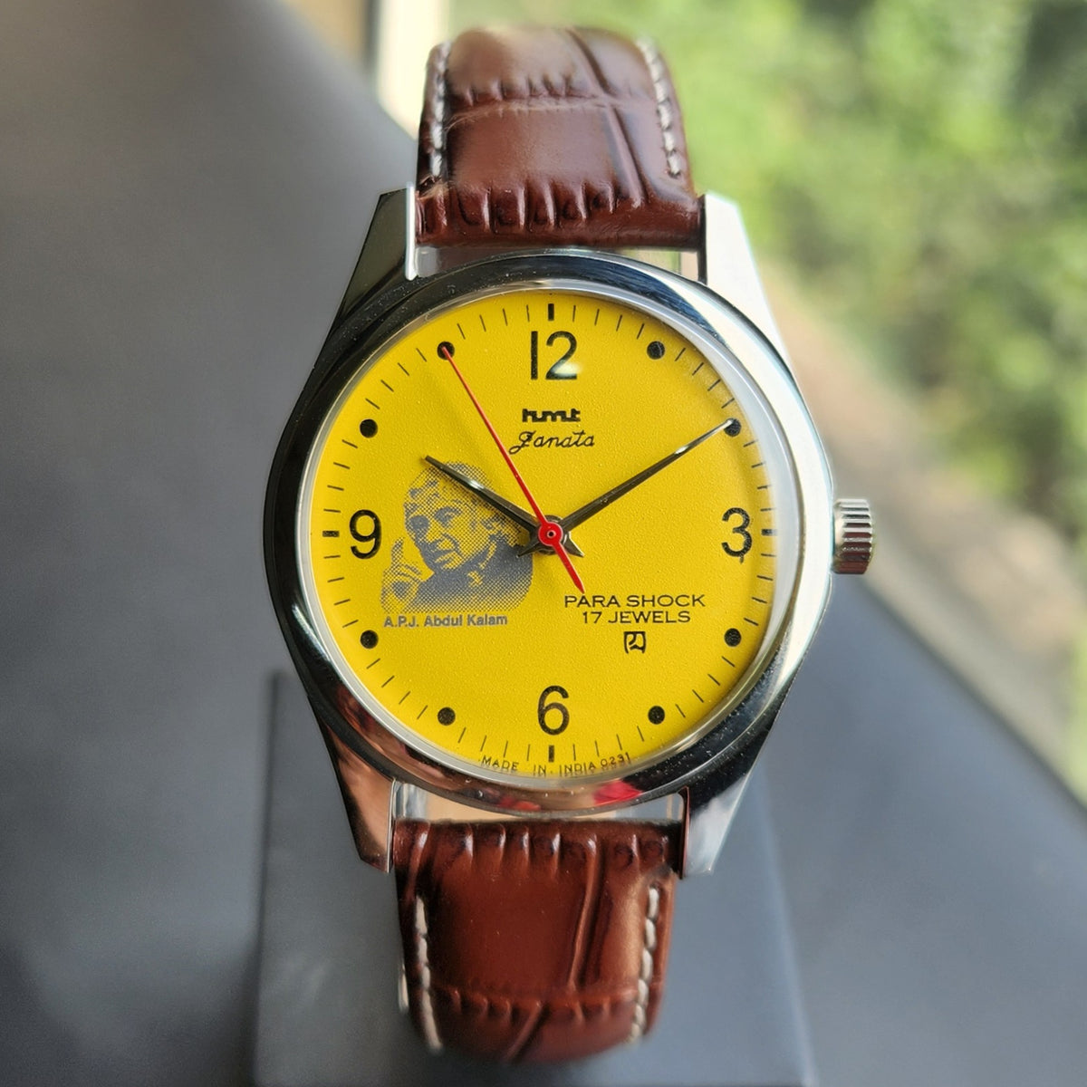Vintage MOD HMT Janata A.P.J. Abdul Kalam Hand Winding 17 Jewels Yellow Face Brown Leather Strap Men's Wrist Watch J24