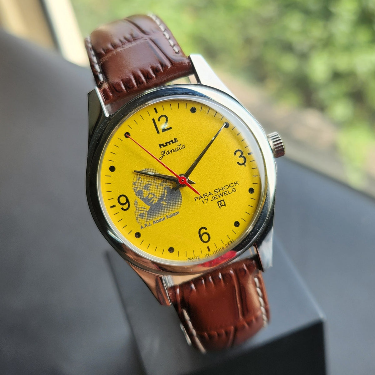 Vintage MOD HMT Janata A.P.J. Abdul Kalam Hand Winding 17 Jewels Yellow Face Brown Leather Strap Men's Wrist Watch J24