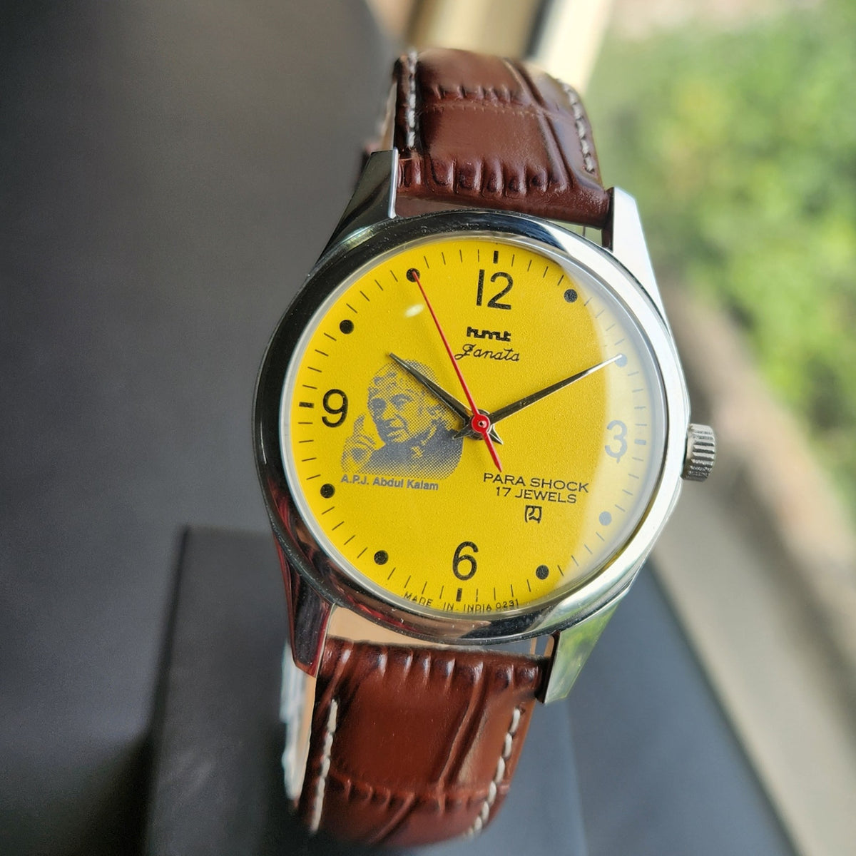 Vintage MOD HMT Janata A.P.J. Abdul Kalam Hand Winding 17 Jewels Yellow Face Brown Leather Strap Men's Wrist Watch J24