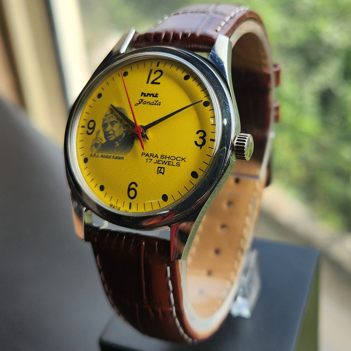 Vintage MOD HMT Janata A.P.J. Abdul Kalam Hand Winding 17 Jewels Yellow Face Brown Leather Strap Men's Wrist Watch J24