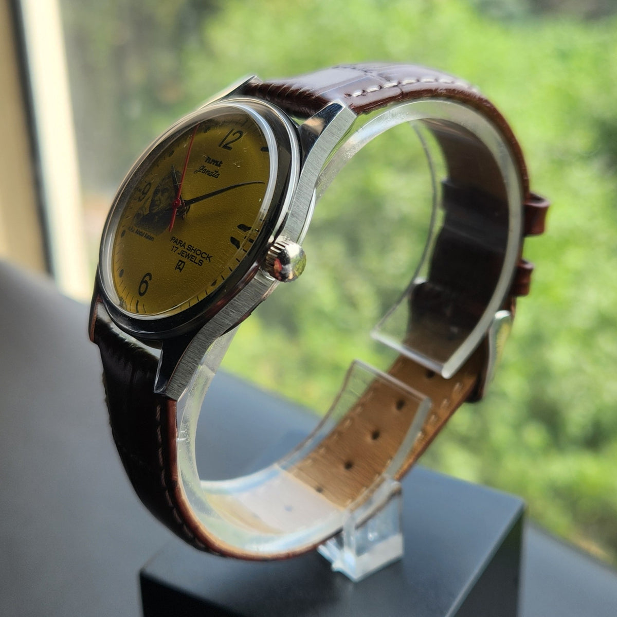 Vintage MOD HMT Janata A.P.J. Abdul Kalam Hand Winding 17 Jewels Yellow Face Brown Leather Strap Men's Wrist Watch J24