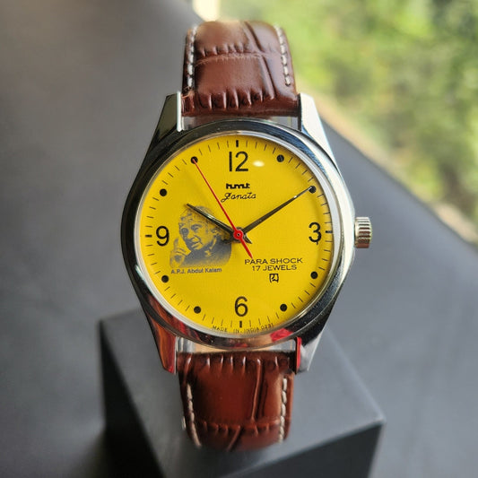 Vintage MOD HMT Janata A.P.J. Abdul Kalam Hand Winding 17 Jewels Yellow Face Brown Leather Strap Men's Wrist Watch J24