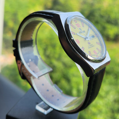 Vintage Ricoh R31 Automatic Yellow Face New Strap 21 Jewels Day-Date Men's Wrist Watch R127