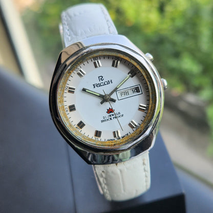 Vintage Ricoh R31 Automatic White Face New Strap 21 Jewels Day-Date Men's Wrist Watch R130