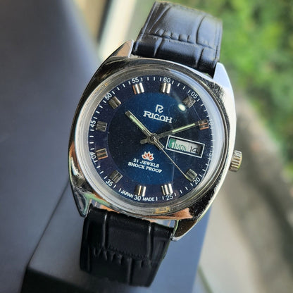Vintage Ricoh R31 Automatic Blue Face New Strap 21 Jewels Day-Date Men's Wrist Watch R131