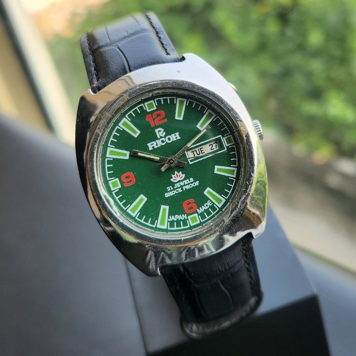 Vintage Ricoh R31 Automatic Green Face New Strap 21 Jewels Day-Date Men's Wrist Watch R133