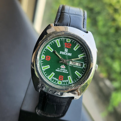 Vintage Ricoh R31 Automatic Green Face New Strap 21 Jewels Day-Date Men's Wrist Watch R133